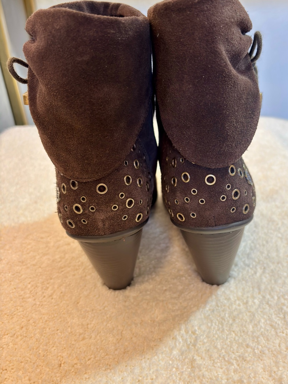 libby. edelman Dark Brown Suede Fold-Over Ankle Booties with Grommet Detail - Picture 3 of 8